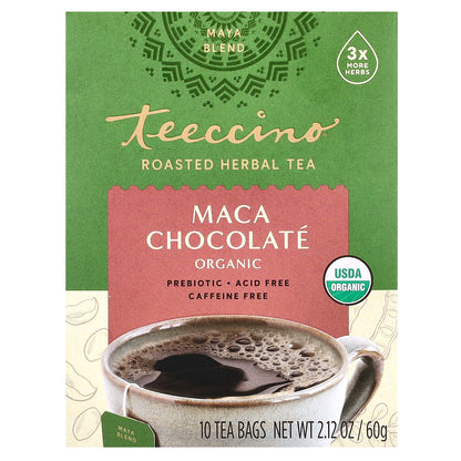 Teeccino, Organic Roasted Herbal Tea, Maca Chocolate, Caffeine Free, 10 Tea Bags, 2.12 oz (60 g)