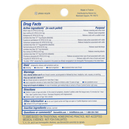 Boiron, ColdCalm® Kids Meltaway Pellets, 4+ Years, 2 Tubes, Approx. 80 Pellets Each