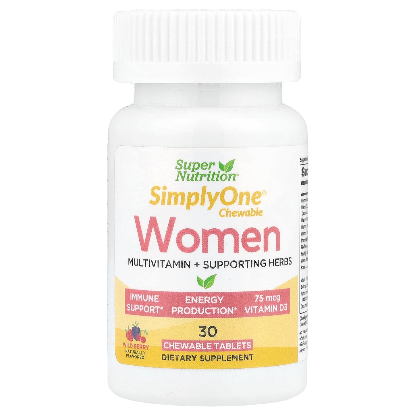 Super Nutrition, SimplyOne®, Women, Multivitamin + Supporting Herbs with Vitamin A, and Organic Botanical Blend, Wild-Berry, 30 Chewables