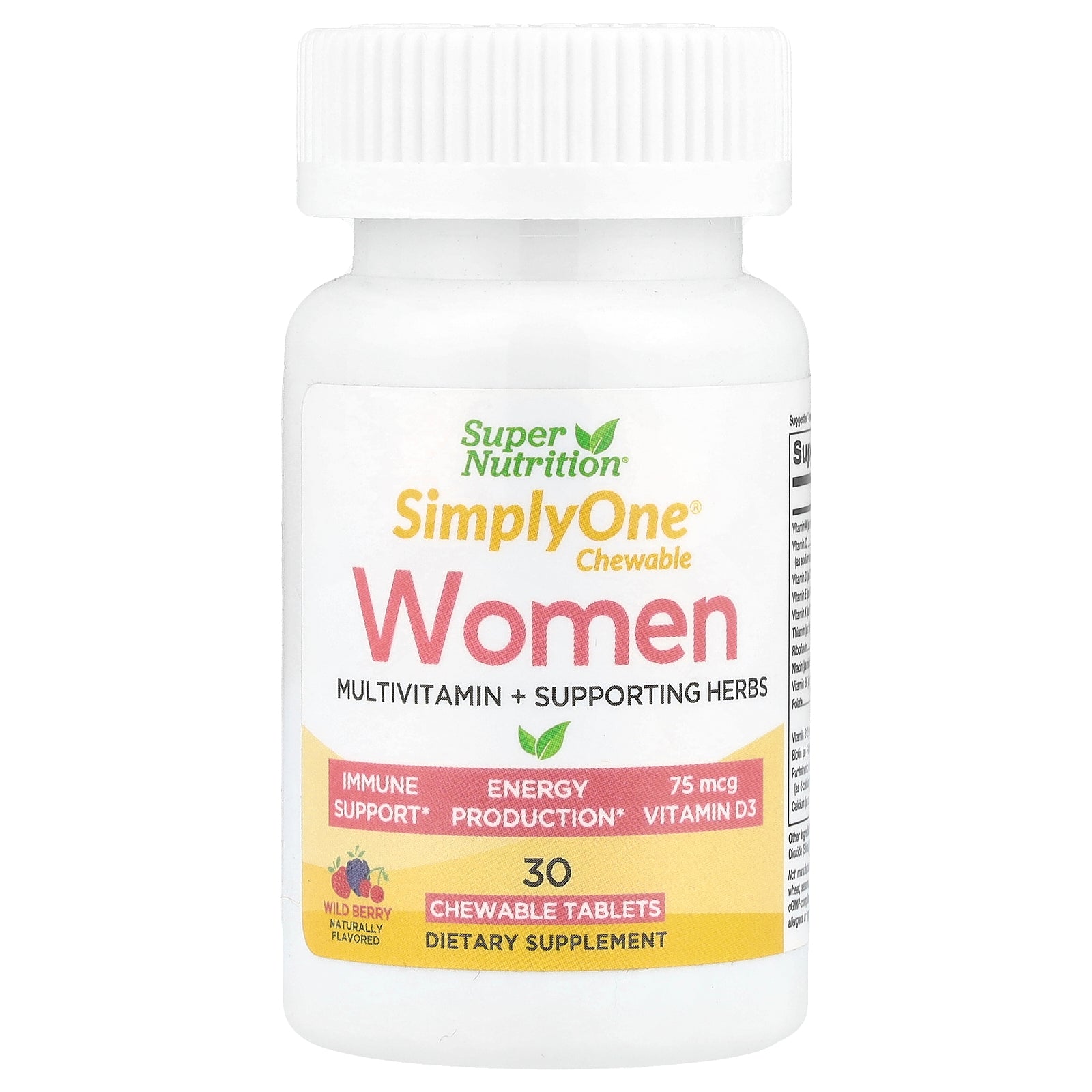 Super Nutrition, SimplyOne®, Women, Multivitamin + Supporting Herbs with Vitamin A, and Organic Botanical Blend, Wild-Berry, 30 Chewables