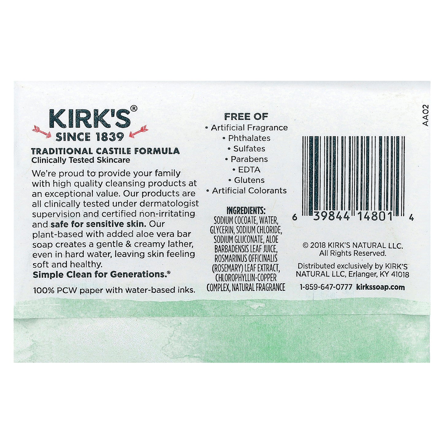 Kirk's, 100% Premium Coconut Oil Castile Bar Soap, Soothing Aloe Vera, 4 oz (113 g)