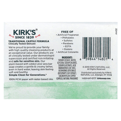 Kirk's, 100% Premium Coconut Oil Castile Bar Soap, Soothing Aloe Vera, 4 oz (113 g)