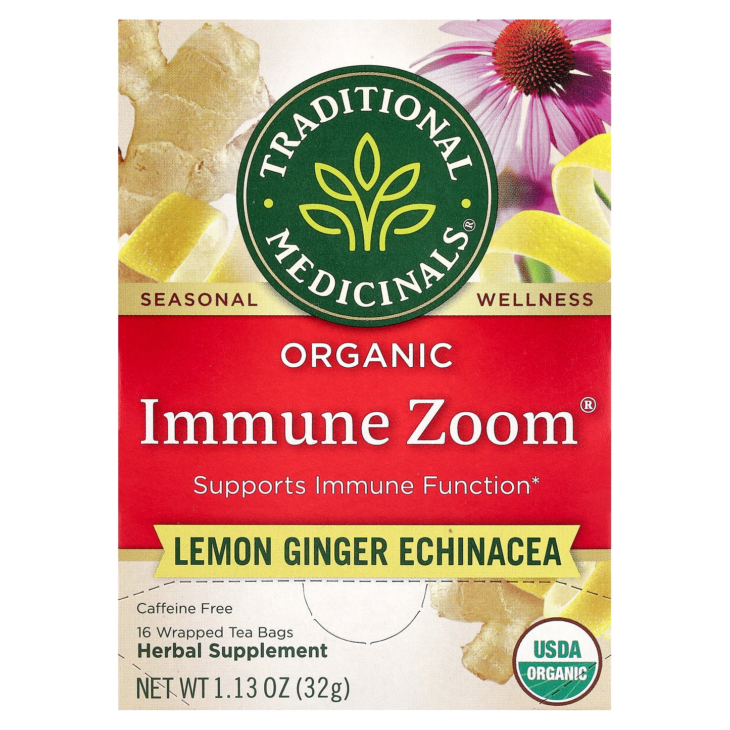 Traditional Medicinals, Organic Immune Zoom®, Lemon Ginger Echinacea, Caffeine Free, 16 Wrapped Tea Bags, 1.13 oz (32 g)