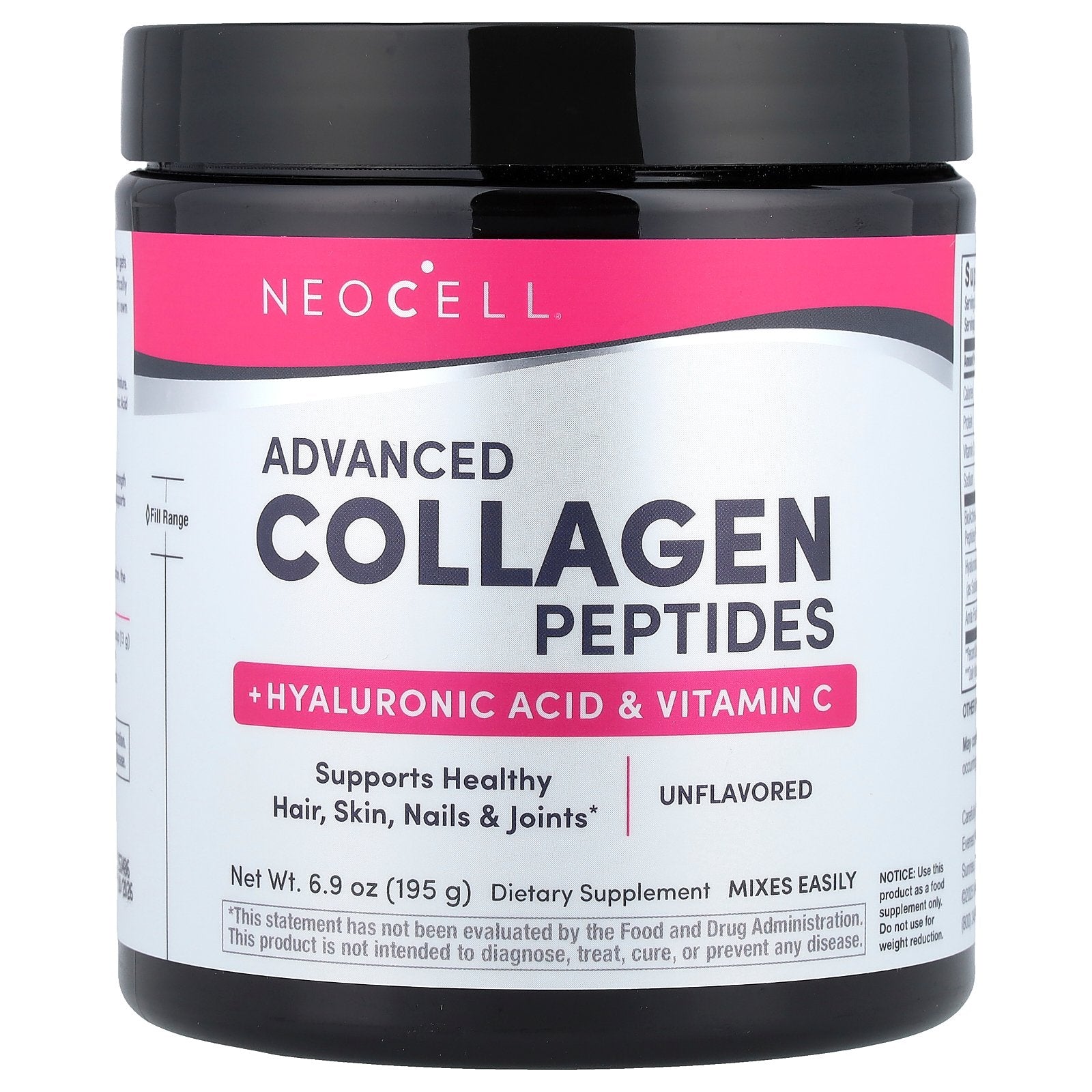 NeoCell, Advanced Collagen Peptides + Hyaluronic Acid & Vitamin C, Unflavored, 6.9 oz (195 g)