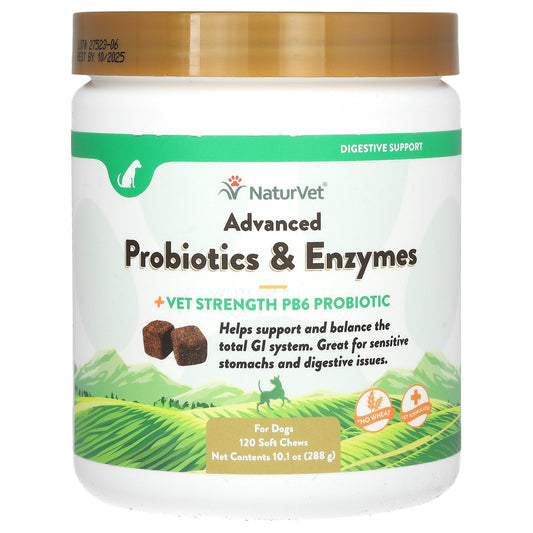 NaturVet, Advanced Probiotics & Enzymes, + Vet Strength PB6 Probiotic, For Dogs, 120 Soft Chews, 10.1 oz (288 g)