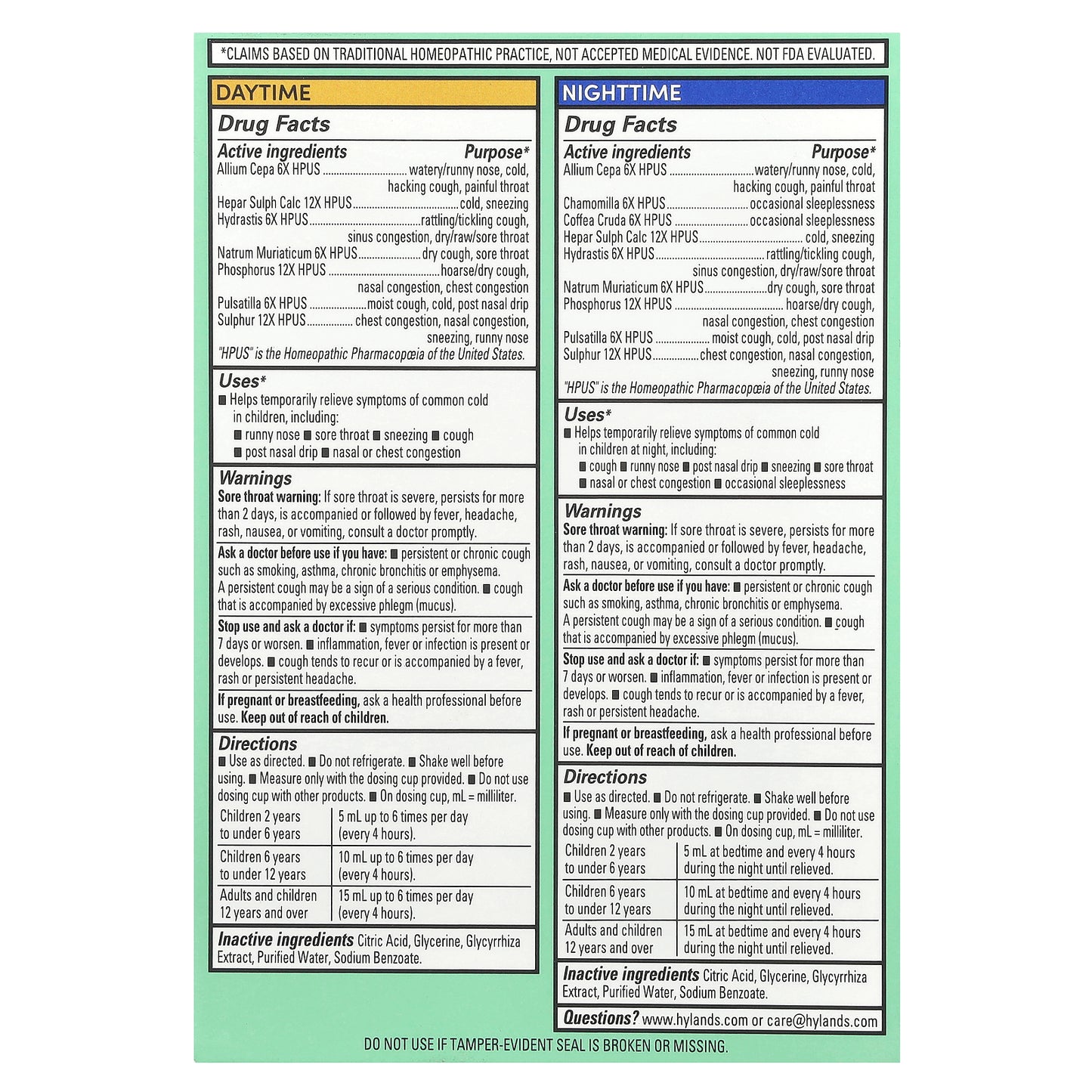 Hyland's Naturals, Kids, Cold & Cough Combo Pack, Daytime/Nighttime, 2-12 Years, 2 Bottles, 4 fl oz (118 ml) Each