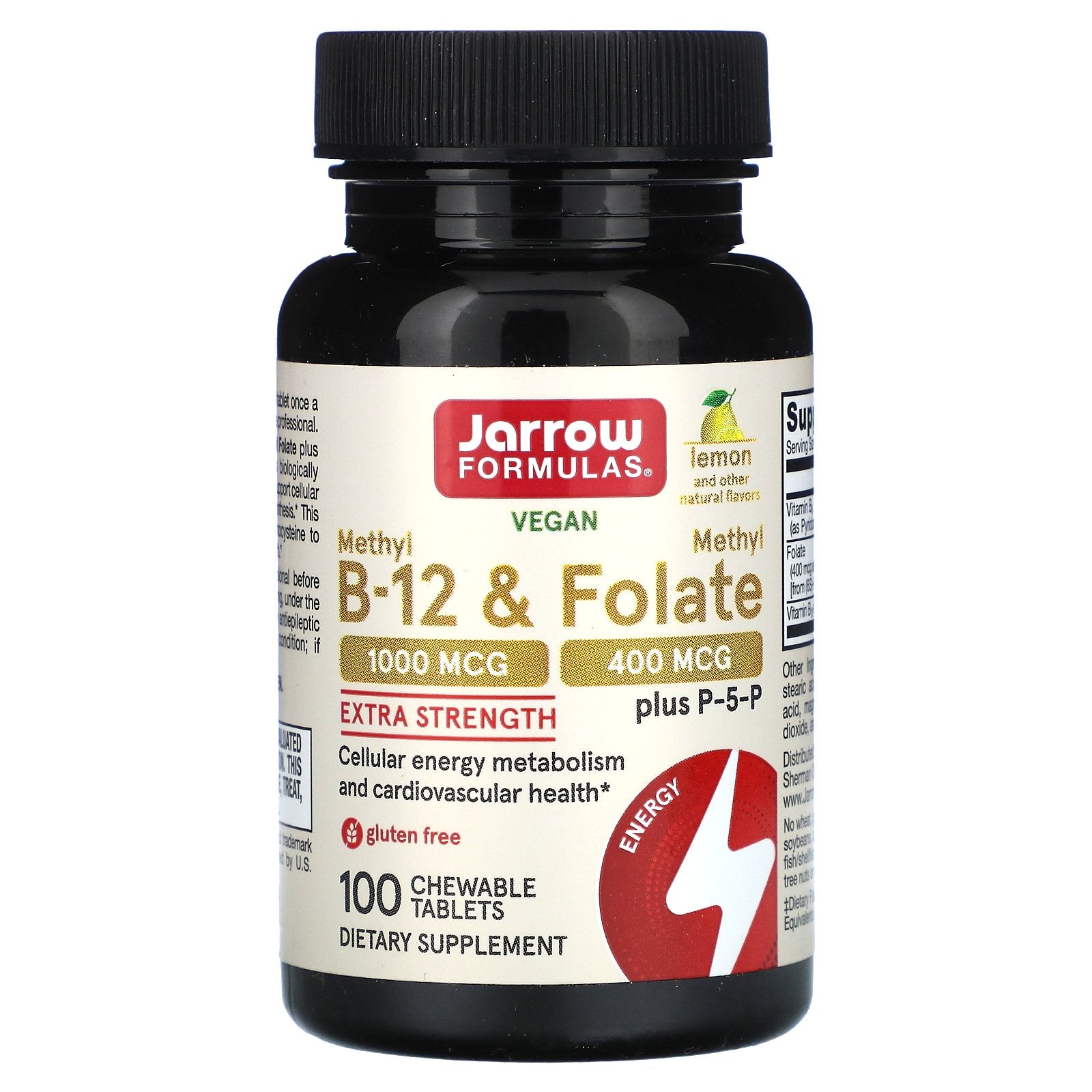Jarrow Formulas, Vegan Methyl B-12 & Methyl Folate, Lemon, 100 Chewable Tablets