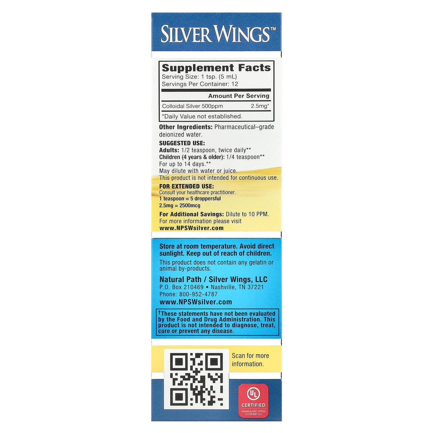 Natural Path Silver Wings, Colloidal Silver, 500 PPM, 2 fl oz (60 ml)