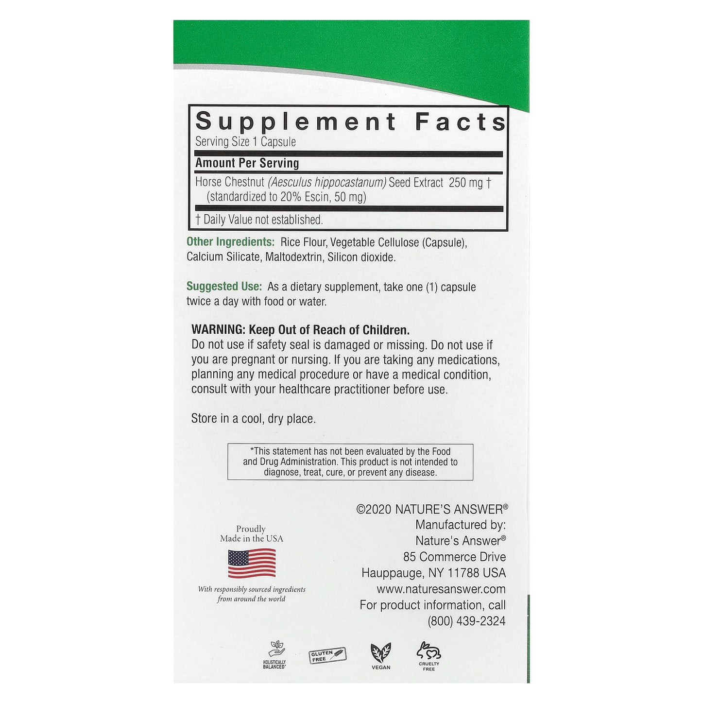 Nature's Answer, Horse Chestnut, 250 mg, 90 Vegetarian Capsules