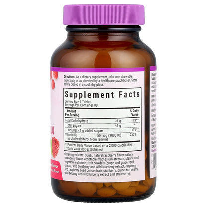Bluebonnet Nutrition, EarthSweet® Chewables, Vitamin D3,  Raspberry, 50 mcg (2,000 IU), 90 Chewable Tablets