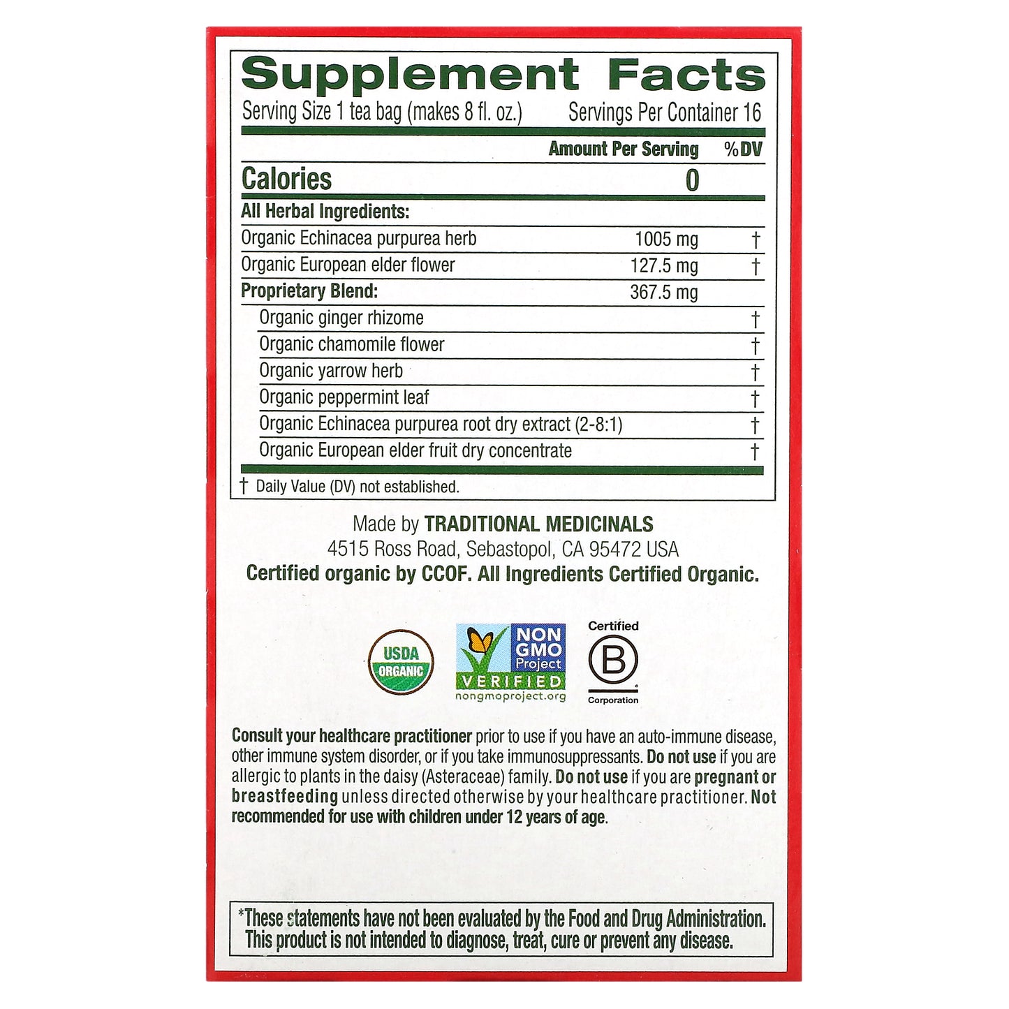 Traditional Medicinals, Organic Echinacea Plus®, Elderberry, Caffeine Free, 16 Wrapped Tea Bags, 0.85 oz (24 g)