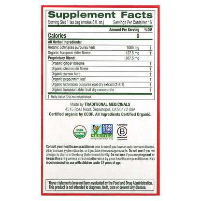 Traditional Medicinals, Organic Echinacea Plus®, Elderberry, Caffeine Free, 16 Wrapped Tea Bags, 0.85 oz (24 g)