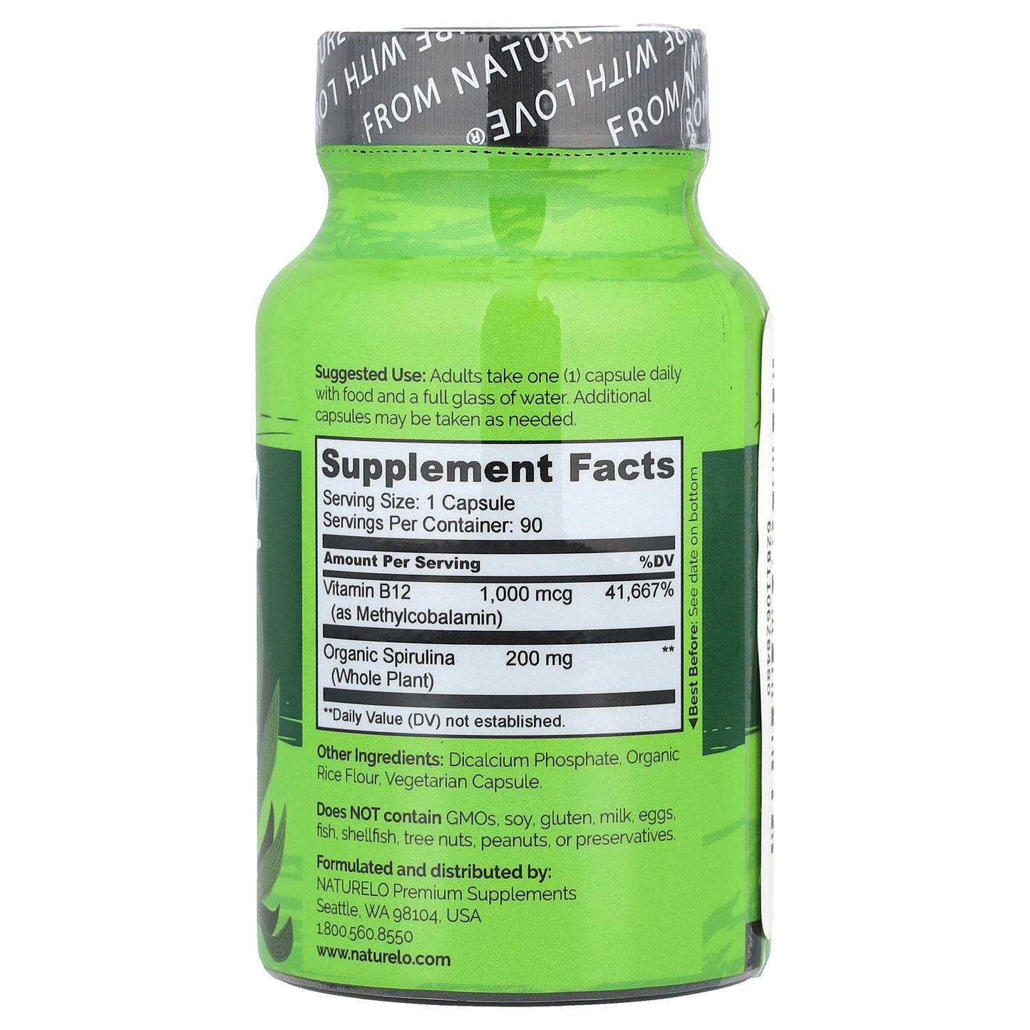 NATURELO, Vegan B12 Infused with Spirulina, 90 Easy Swallow Capsules