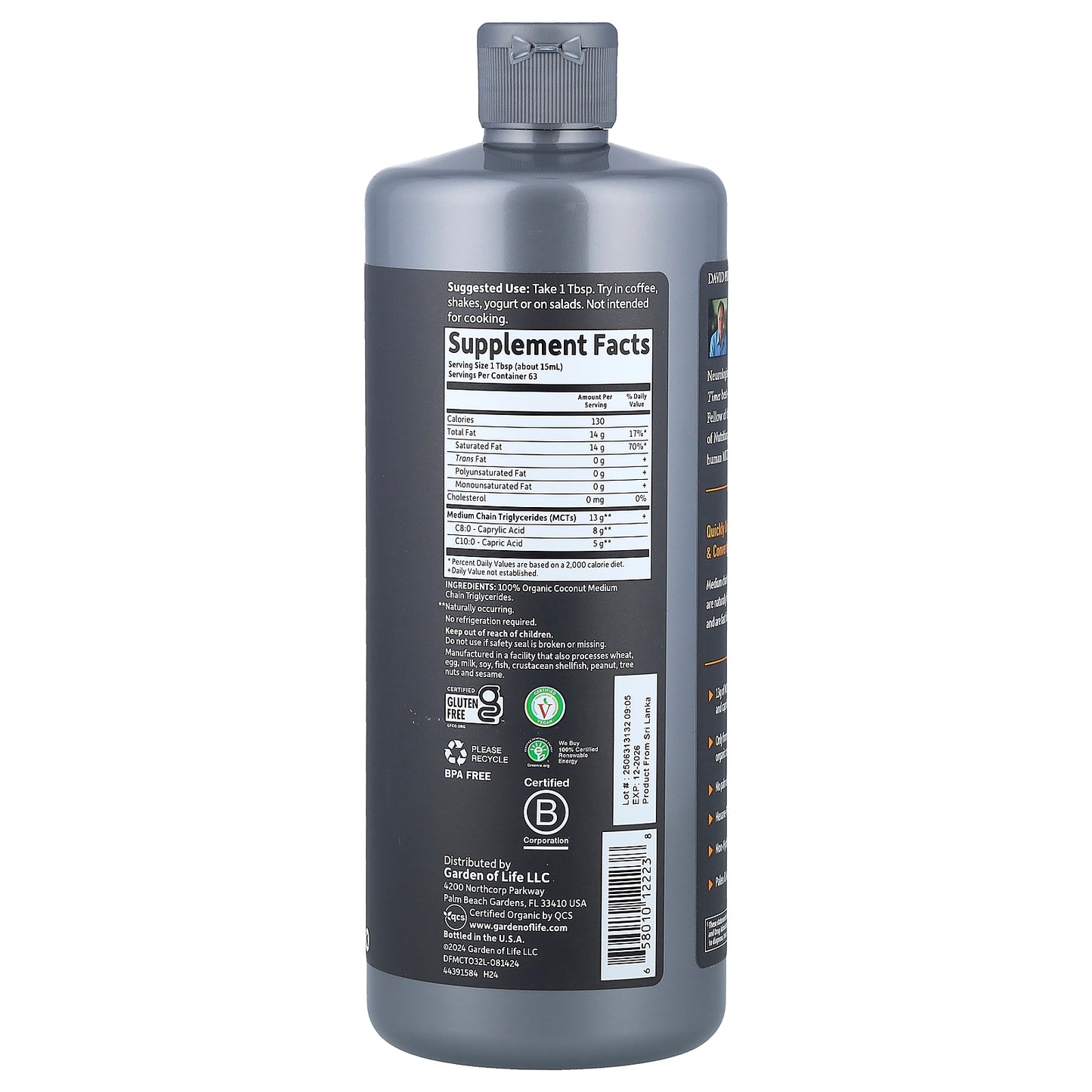 Garden of Life, Dr. Formulated Brain Health, 100% Organic Coconut MCT Oil, Unflavored, 32 fl oz (946 ml)