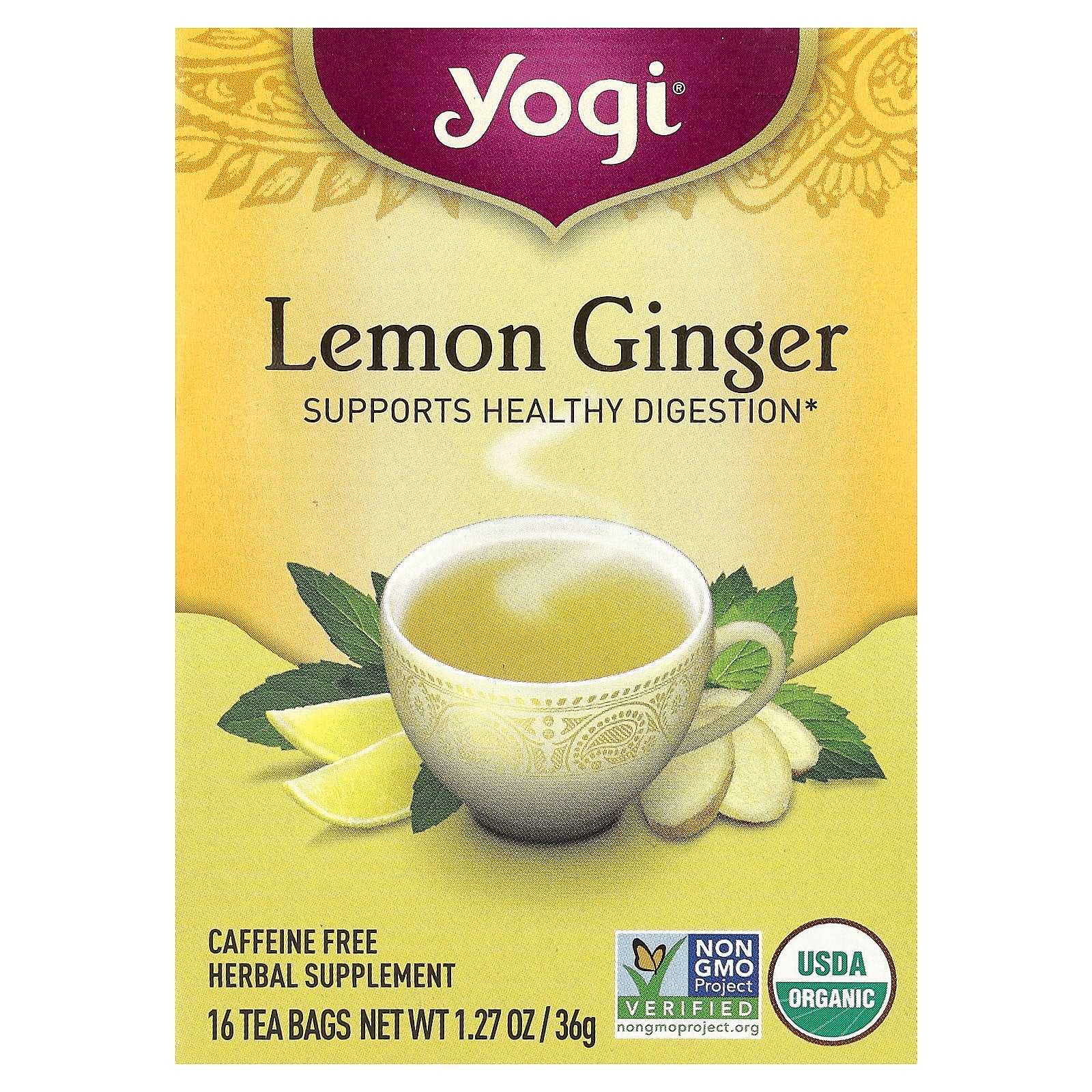 Yogi Tea, Lemon Ginger, Caffeine Free, 16 Tea Bags, 1.27 oz (36 g)