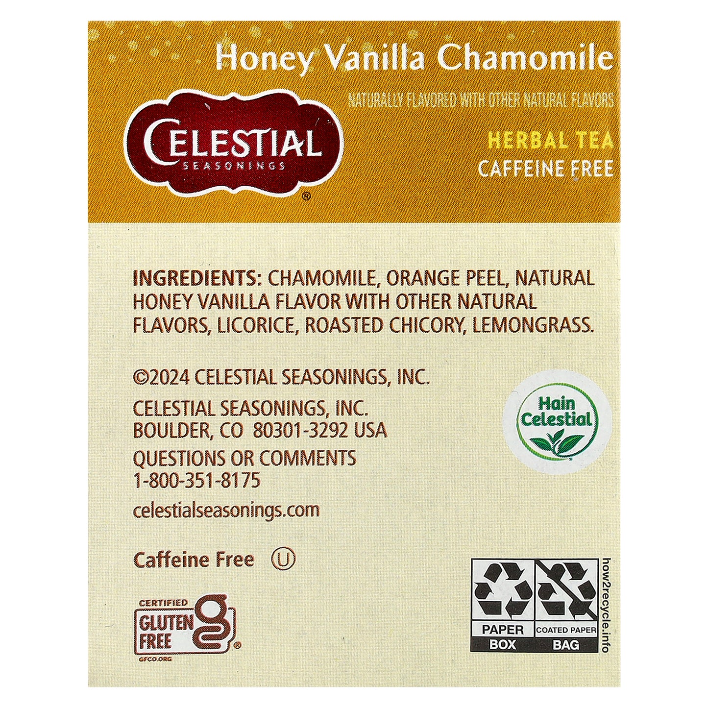 Celestial Seasonings, Herbal Tea, Honey Vanilla Chamomile, Caffeine Free, 20 Tea Bags, 1.7 oz (47 g)