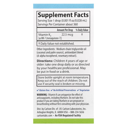 Carlson, Kid's Super Daily® K2, 22.5 mcg, 0.34 fl oz (10.16 ml)