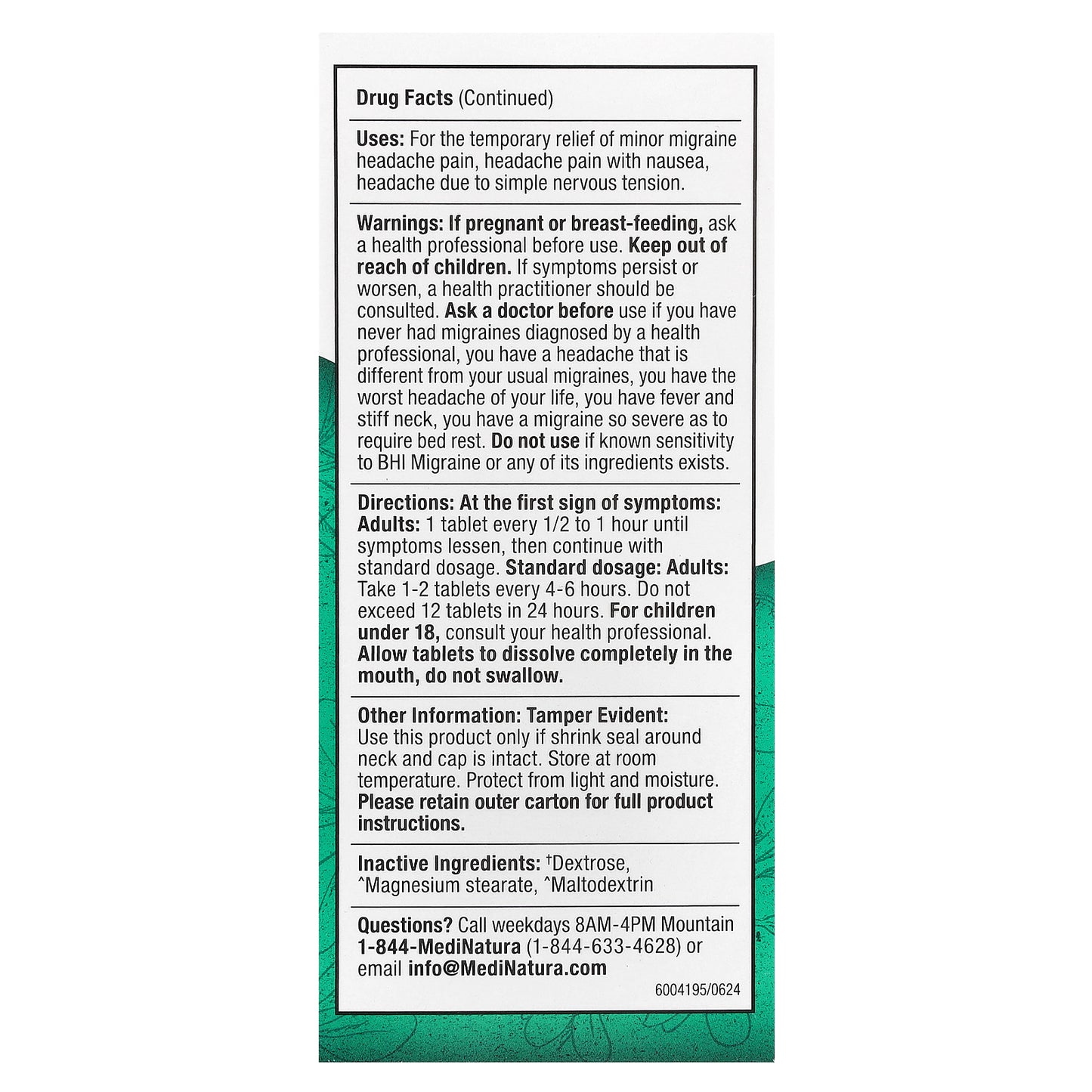 MediNatura, BHI, Migraine Headache Relief, 100 Tablets