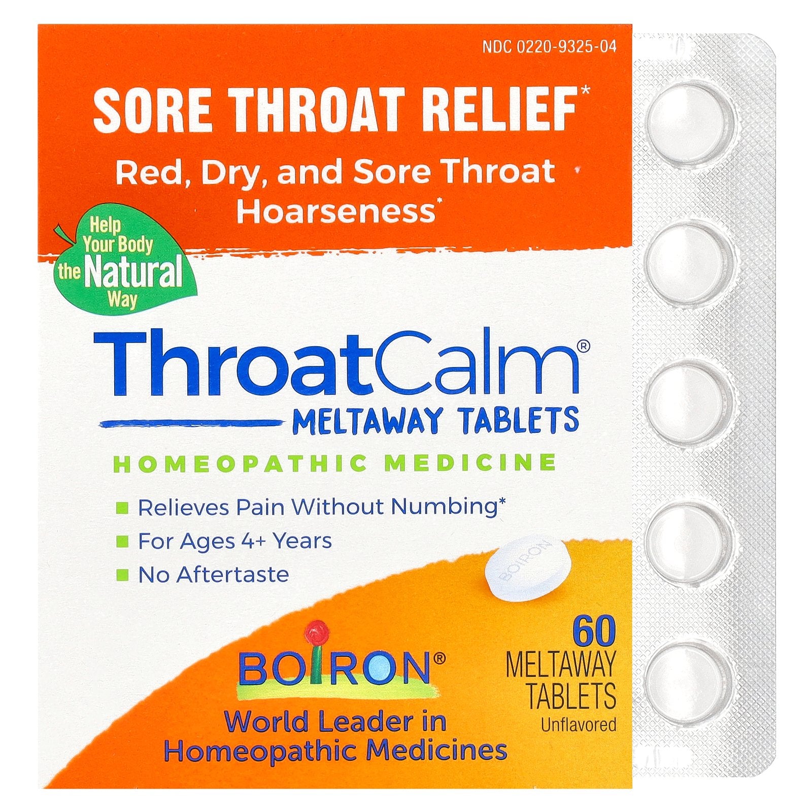 Boiron, ThroatCalm®, Sore Throat Relief, For Ages 4+ Years, Unflavored, 60 Meltaway Tablets