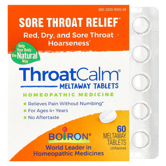 Boiron, ThroatCalm®, Sore Throat Relief, For Ages 4+ Years, Unflavored, 60 Meltaway Tablets