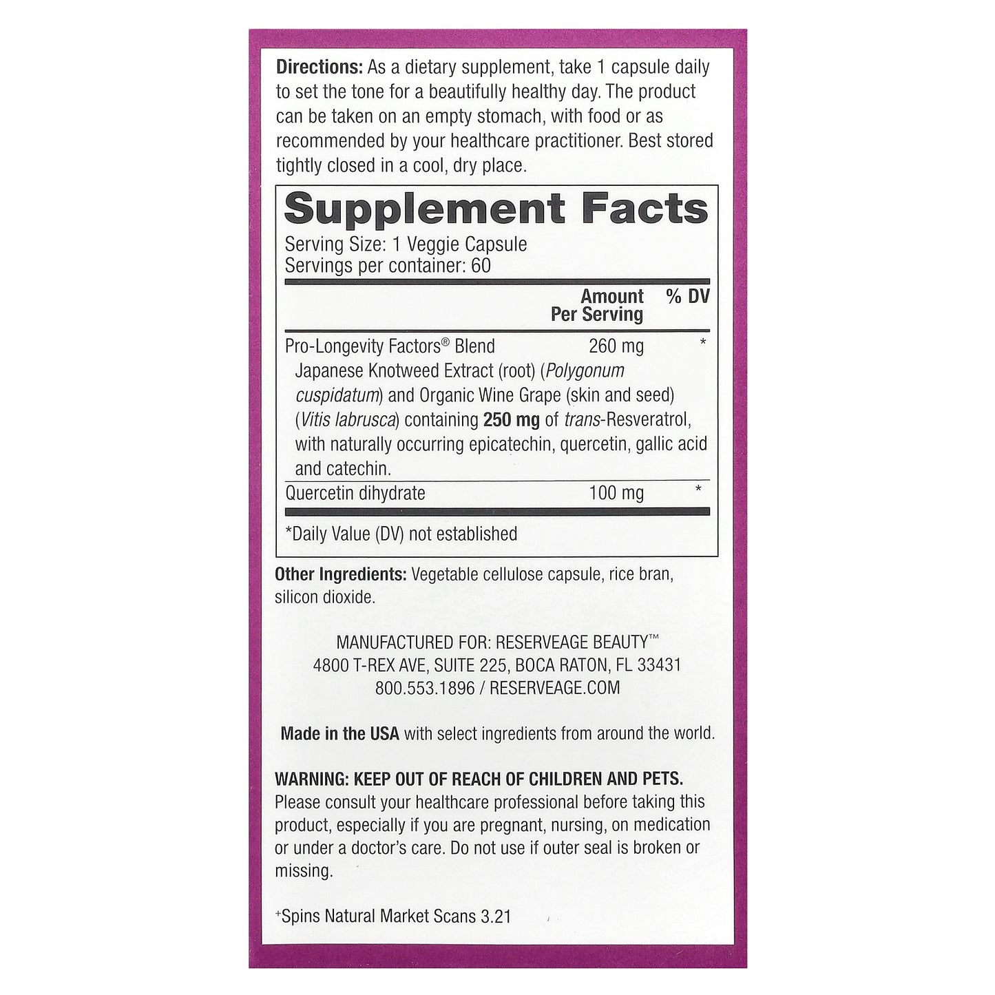 Reserveage Beauty, Resveratrol, Trans-Resveratrol, 60 Veggie Capsules