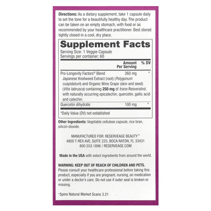 Reserveage Beauty, Resveratrol, Trans-Resveratrol, 60 Veggie Capsules