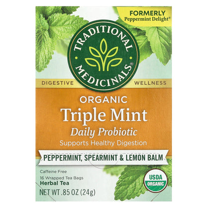 Traditional Medicinals, Organic Herbal Tea, Triple Mint Daily Probiotic, Peppermint, Spearmint & Lemon Balm, Caffeine Free, 16 Wrapped Tea Bags, 0.85 oz (24 g)