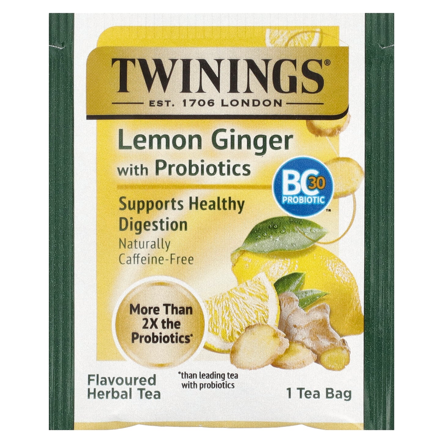 Twinings, Herbal Tea, Lemon Ginger With Probiotics, Caffeine-Free, 18 Tea Bags, 0.95 oz (27 g)