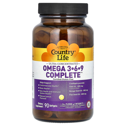 Country Life, Ultra Concentrated Omega 3-6-9 Complete, Natural Lemon, 90 Softgels