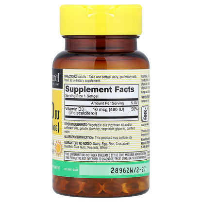 Mason Natural, Vitamin D3, 10 mcg (400 IU), 100 Softgels