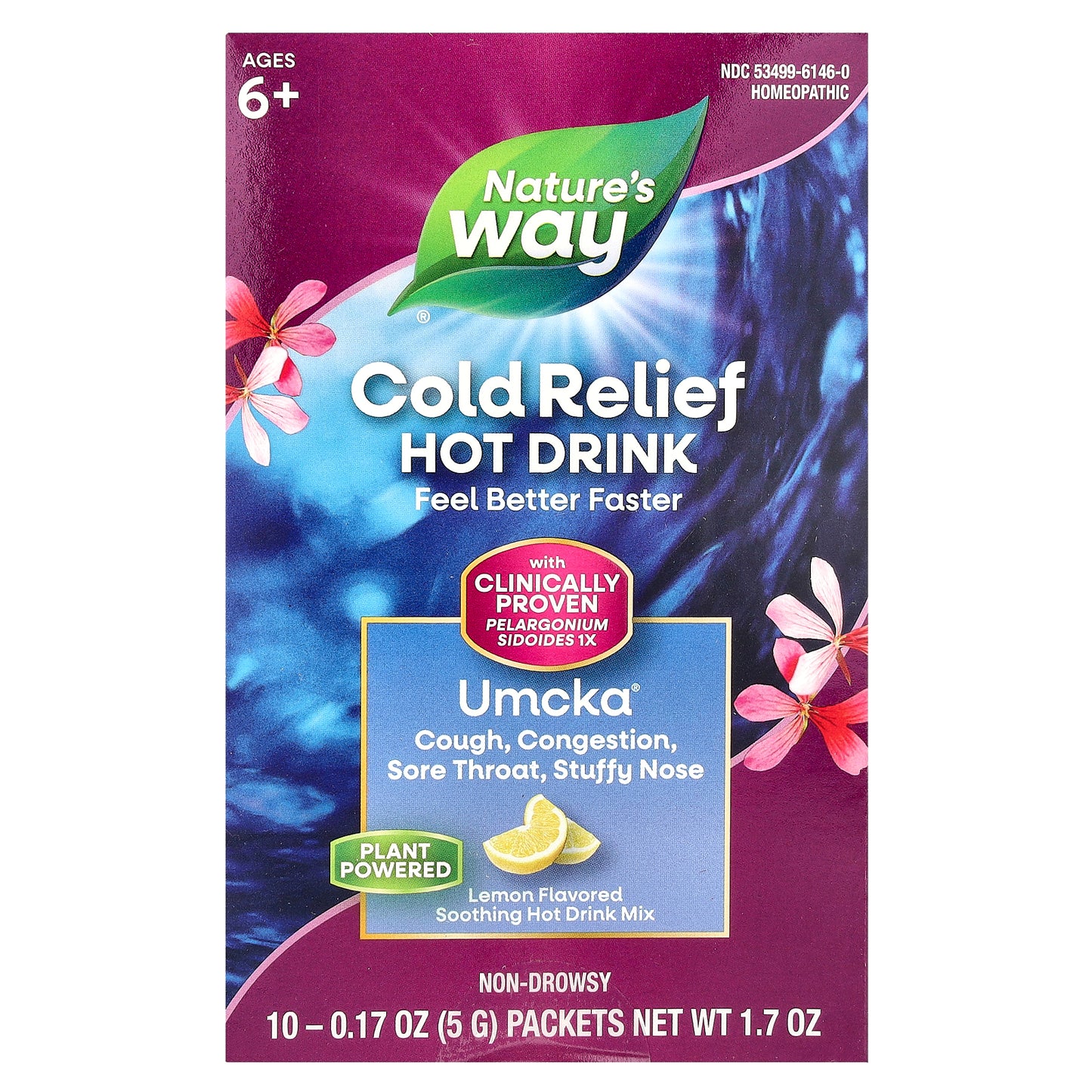 Nature's Way, Umcka®, Cold Relief, Soothing Hot Drink Mix, Ages 6+, Lemon, 10 Packets, 0.17 oz (5 g) Each