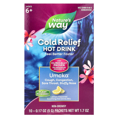 Nature's Way, Umcka®, Cold Relief, Soothing Hot Drink Mix, Ages 6+, Lemon, 10 Packets, 0.17 oz (5 g) Each