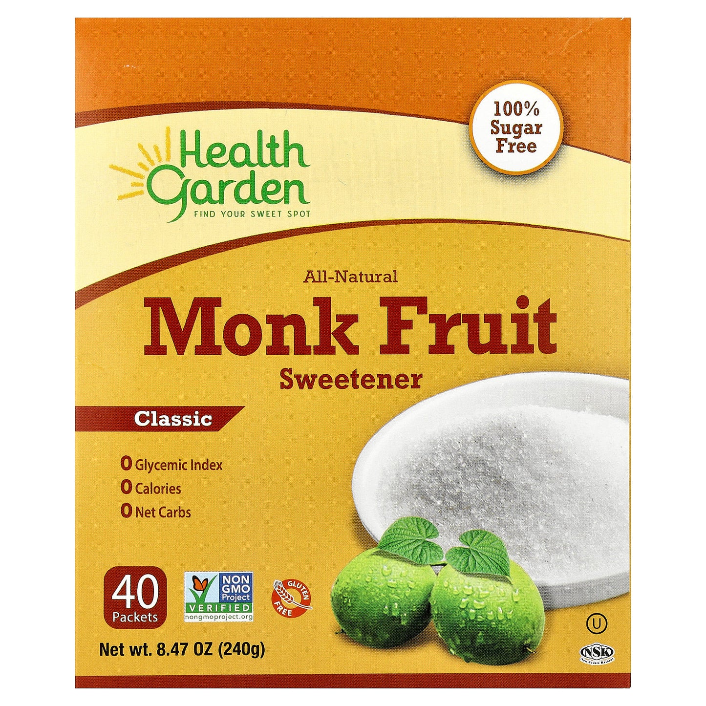 Health Garden, All-Natural Monk Fruit Sweetener, Classic, 40 Packets, 0.21 oz (6 g) Each