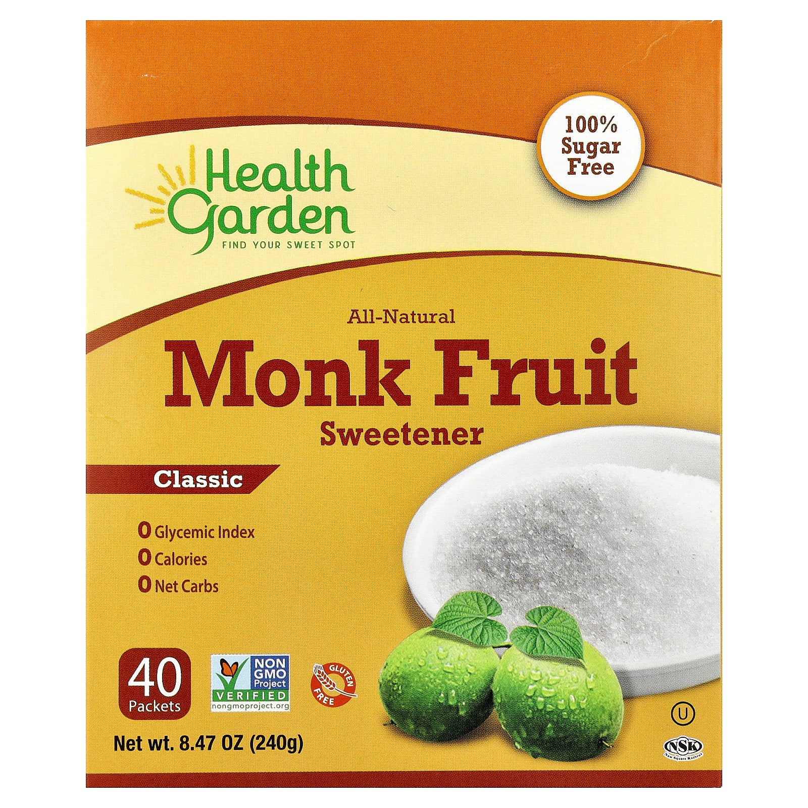 Health Garden, All-Natural Monk Fruit Sweetener, Classic, 40 Packets, 0.21 oz (6 g) Each