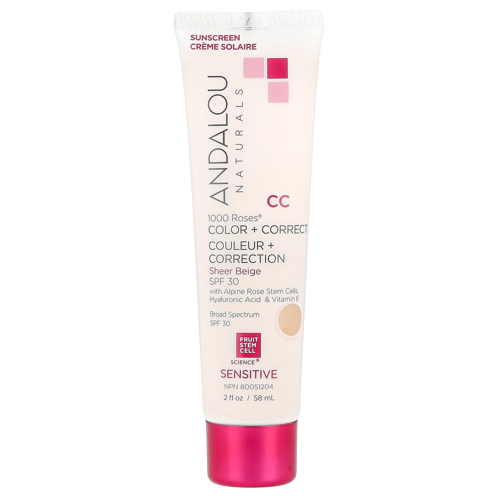 Andalou Naturals, 1000 Roses®, Color + Correct, Sensitive, SPF 30, Sheer Beige, 2 fl oz (58 ml)