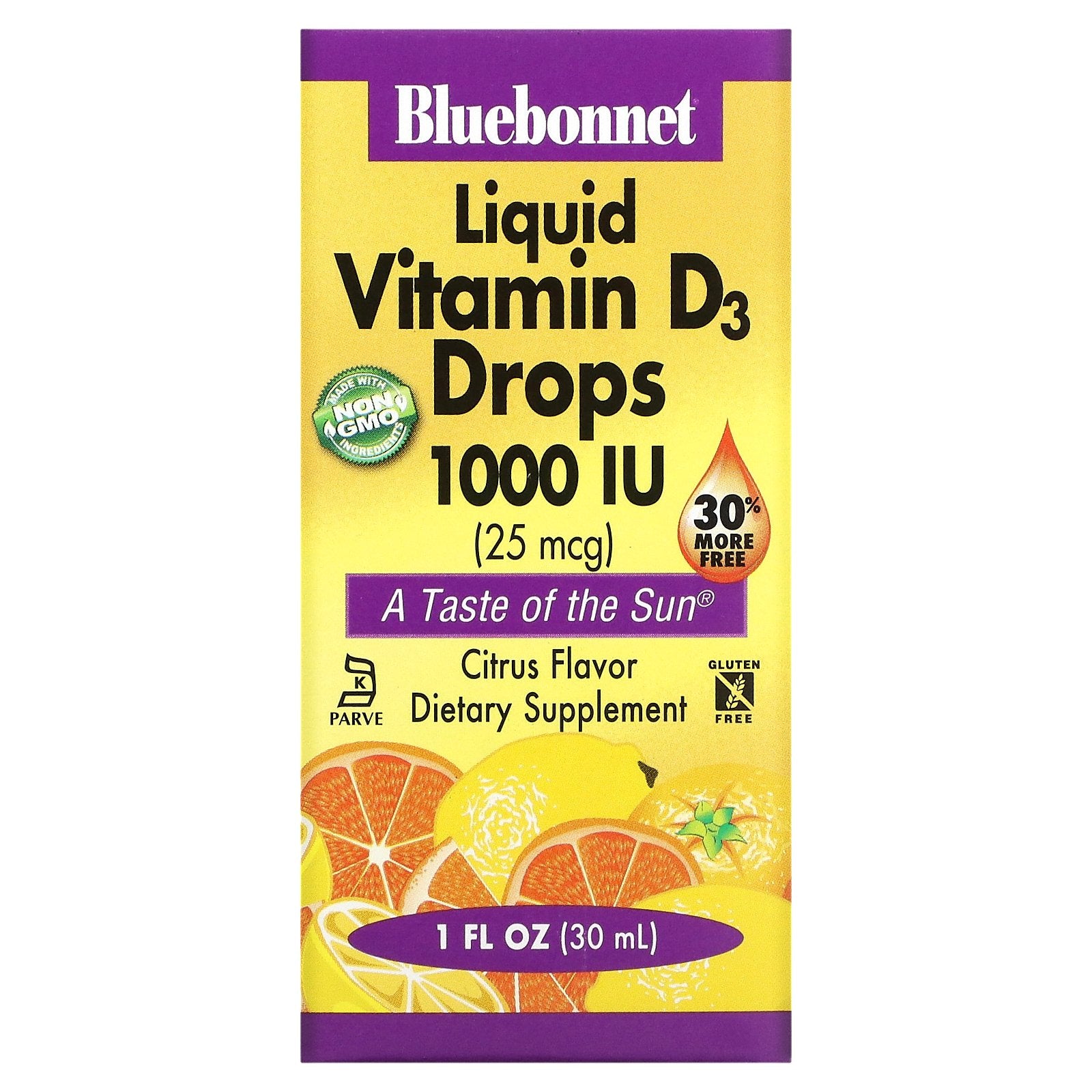 Bluebonnet Nutrition, Liquid Vitamin D3 Drops, Citrus, 25 mcg (1,000 IU), 1 fl oz (30 ml)