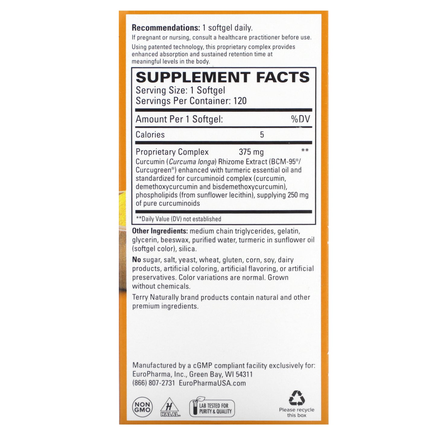 Terry Naturally, CuraMed, Superior Absorption Curcumin, 375 mg, 120 Softgels