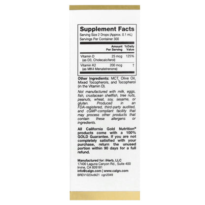 California Gold Nutrition, Vitamin D3 + K2 as MK-4, 25 mcg (1,000 IU), 1 fl oz (30 ml)