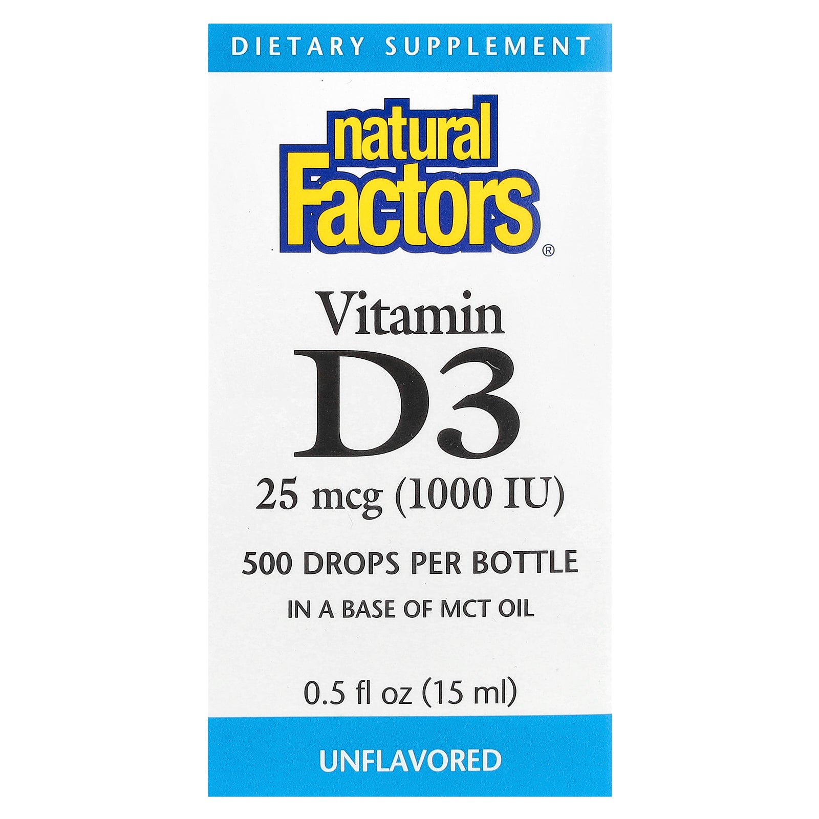 Natural Factors, Vitamin D3 Drops, Unflavored, 25 mcg (1,000 IU), 0.5 fl oz (15 ml)