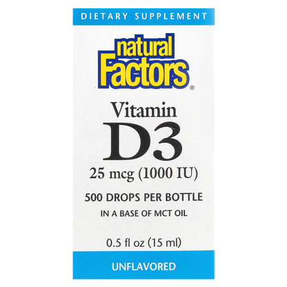Natural Factors, Vitamin D3 Drops, Unflavored, 25 mcg (1,000 IU), 0.5 fl oz (15 ml)
