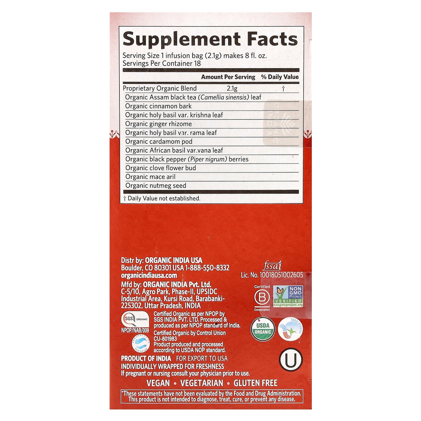 Organic India, Tulsi Masala Chai Tea, 18 Infusion Bags, 1.33 oz (37.8 g)