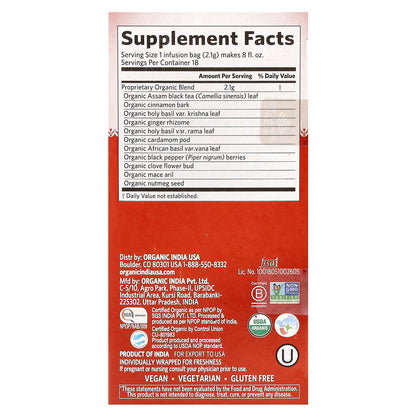 Organic India, Tulsi Masala Chai Tea, 18 Infusion Bags, 1.33 oz (37.8 g)