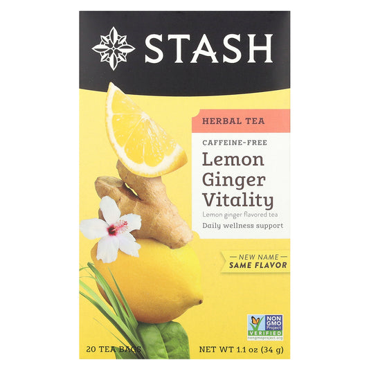 Stash Tea, Herbal Tea, Lemon Ginger Vitality, Caffeine-Free, 20 Tea Bags, 1.1 oz (34 g)