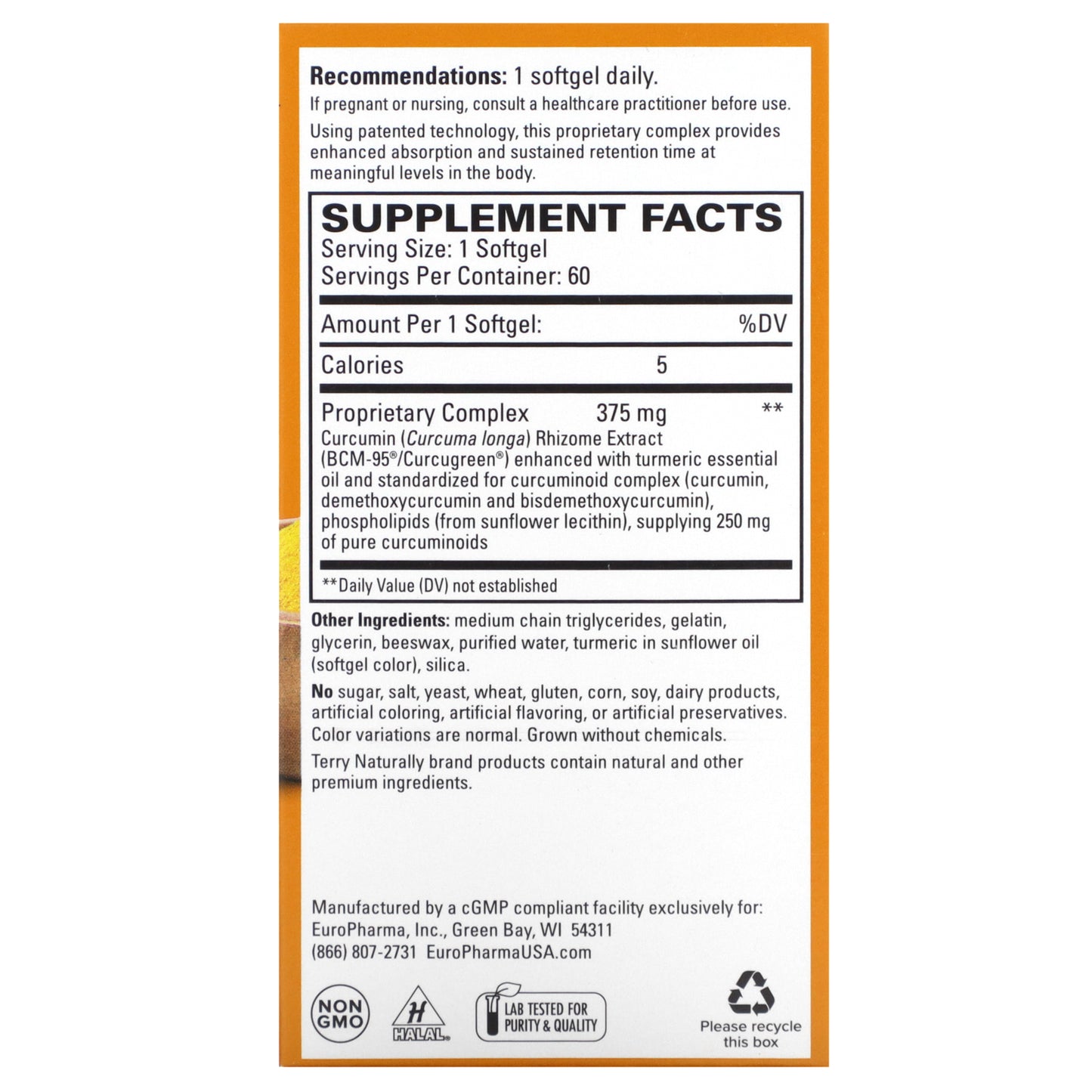 Terry Naturally, CuraMed, Superior Absorption Curcumin, 375 mg, 60 Softgels