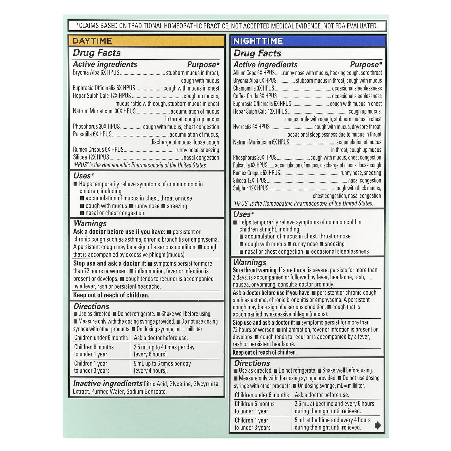 Hyland's Naturals, Baby, Mucus + Cold Relief Combo Pack, Daytime/Nighttime, 6+ Months, 2 Bottles, 4 fl oz (118 ml) Each