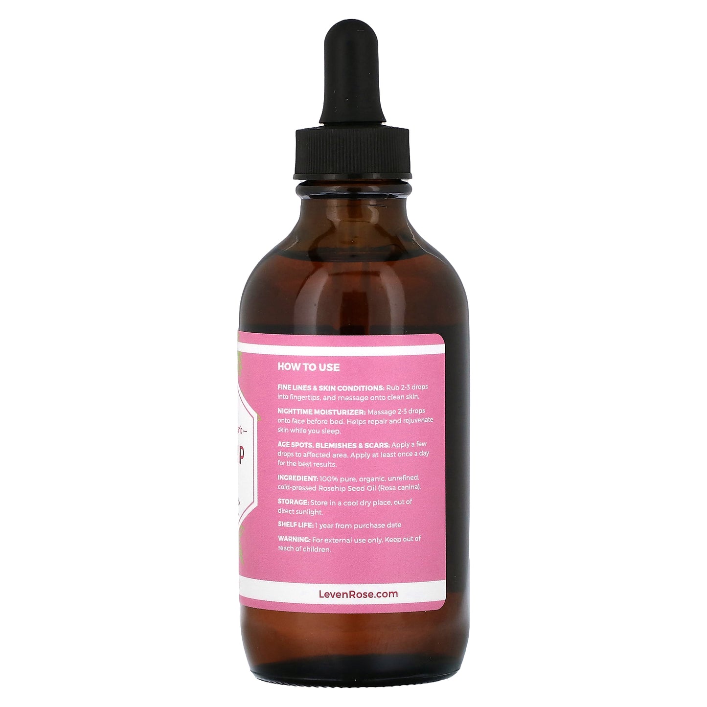 Leven Rose, 100% Pure & Organic Rosehip Oil, 4 fl oz (118 ml)