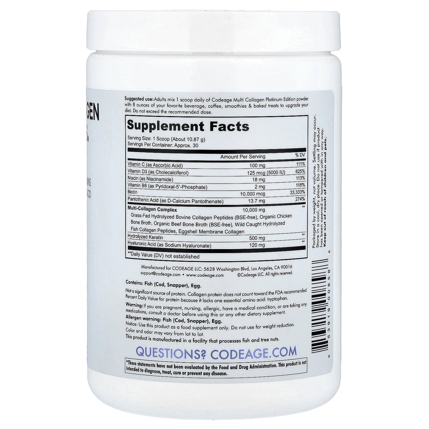 Codeage, Multi Collagen Peptides Powder, Platinum, Unflavored, 11.5 oz (326 g)