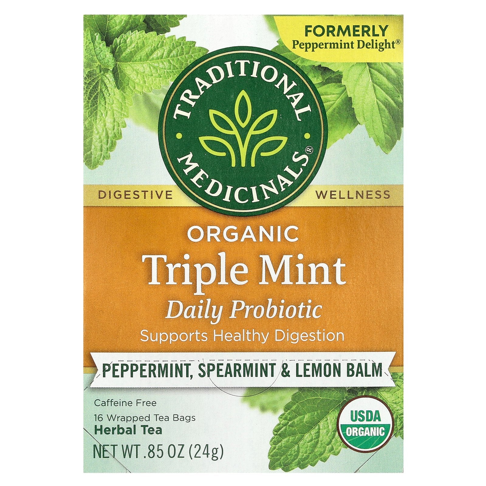 Traditional Medicinals, Organic Herbal Tea, Triple Mint Daily Probiotic, Caffeine Free, Peppermint, Spearmint & Lemon Balm, 16 Wrapped Tea Bags, 0.85 oz (24 g)