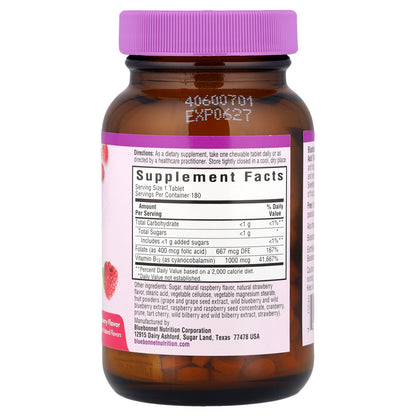Bluebonnet Nutrition, EarthSweet® Chewables, Vitamin B-12 & Folic Acid, Raspberry, 180 Chewable Tablets