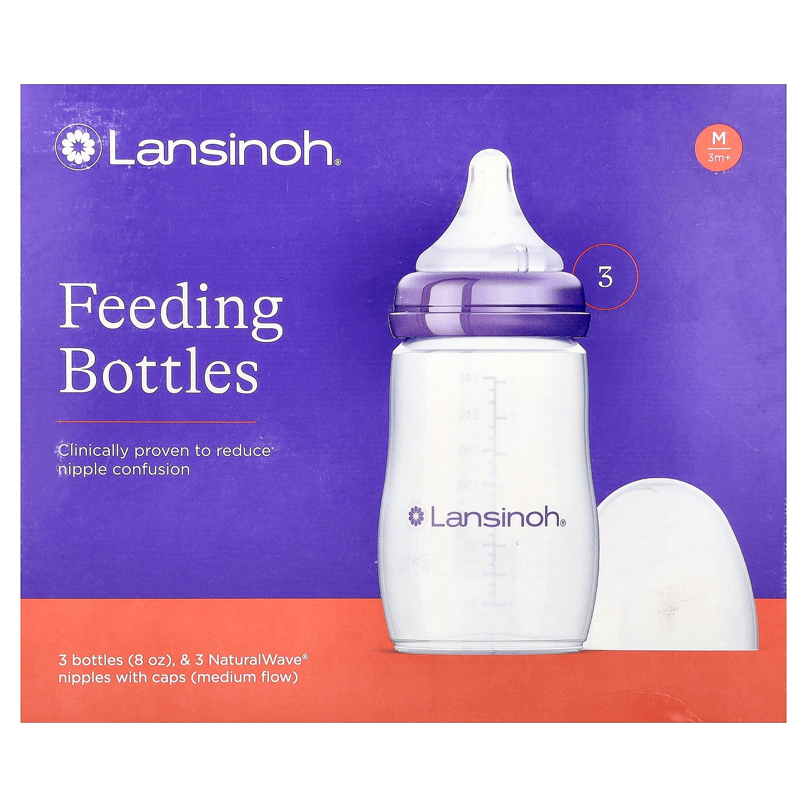 Lansinoh, Feeding Bottles with NaturalWave® Nipple, Medium Flow, 3m+, 3 Bottles, 8 oz (240 ml) Each